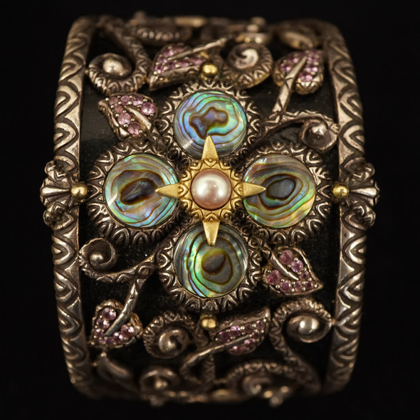 Barbara Bixby Sterling, 18k, Multi-Stone & Leather Castle Garden Cuff Bracelet