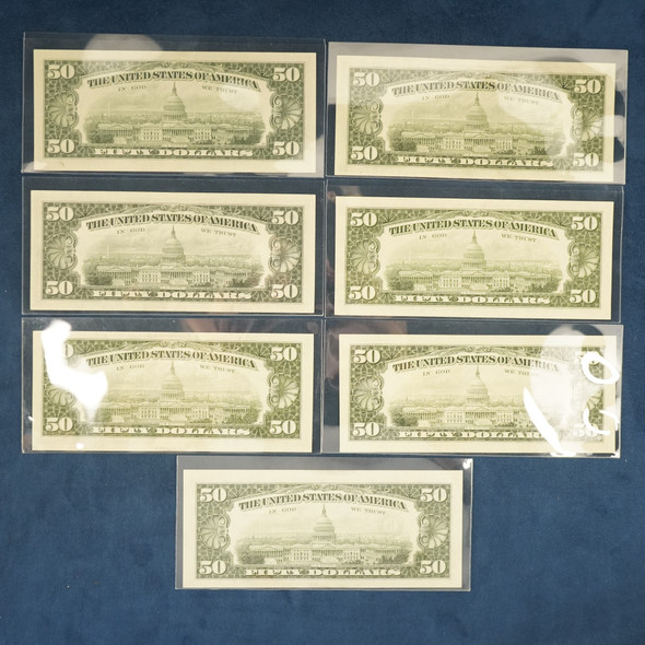 1974-1993 $50 Federal Reserve Note Design 228-A Partial Type Set, 7x UNC Bills