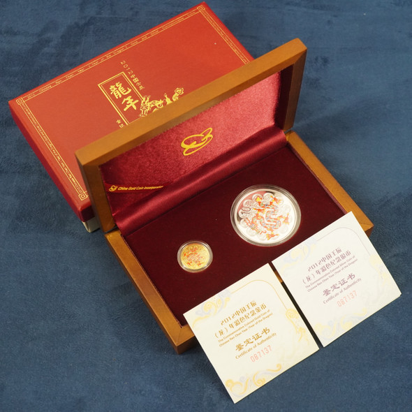 2012 China Year of the Dragon Colorized Gold & Silver Commemorative Set in OGP