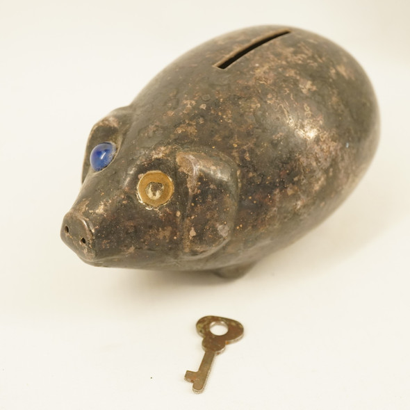 Silver Pig Shaped Piggy Bank w Lock & Key Missing Eye- Free Shipping USA