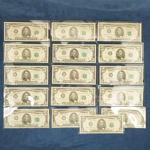 1963-1995 $5 Federal Reserve Note Design 217-A Partial Type Set, 16x UNC Bills