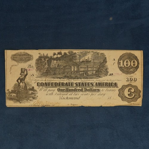 1862 Confederate States of America $100 Note T-39- Free Shipping USA