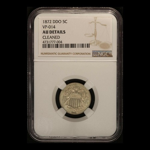 1872 DDO 5c Shield Nickel NGC AU Details Cleaned - Free Shipping USA