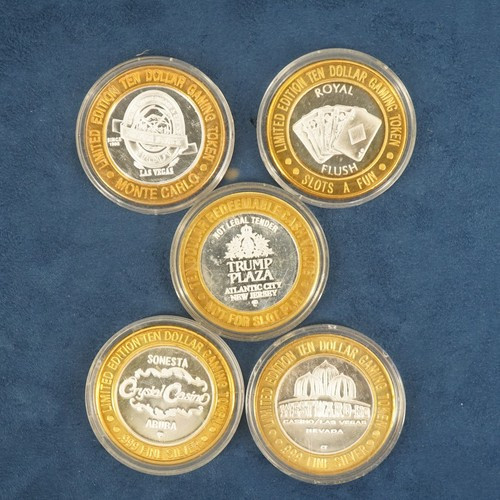 Lot of 5 Vintage $10 Fine Silver Casino Tokens - Free Shipping USA