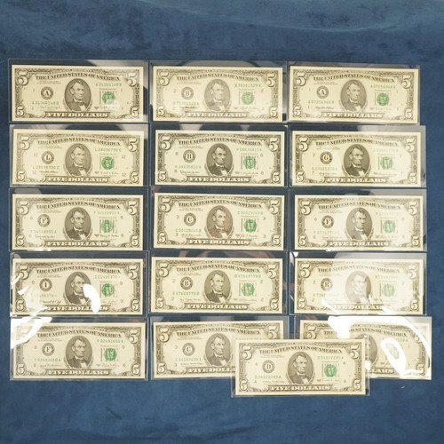 1963-1995 $5 Federal Reserve Note Design 217-A Partial Type Set, 16x UNC Bills
