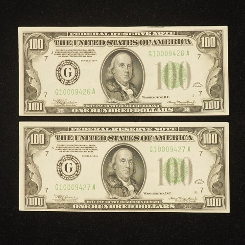 (2) Series 1934 Consecutive Chicago $100 Dollar Federal Reserve Bank Notes