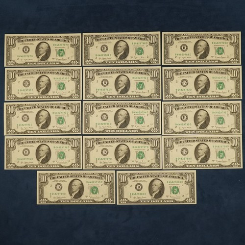 1977-A Lot of 14 Sequential $10 Federal Reserve Notes (Fr 2024-B) - Free Ship US