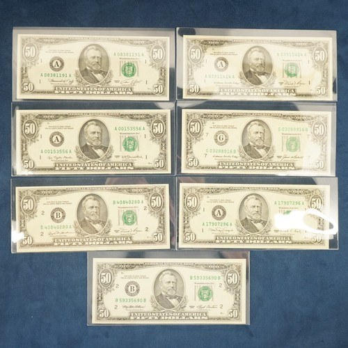 1974-1993 $50 Federal Reserve Note Design 228-A Partial Type Set, 7x UNC Bills