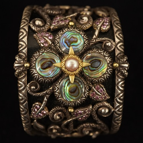 Barbara Bixby Sterling, 18k, Multi-Stone & Leather Castle Garden Cuff Bracelet