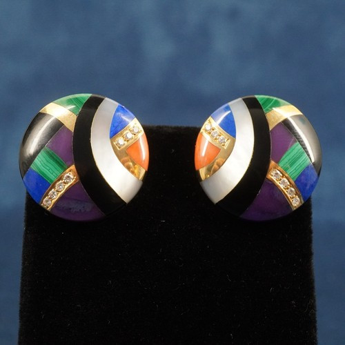 Rare Asch Grossbardt 14k Gold, Diamond & Multistone Inlay Earrings- Free Ship US