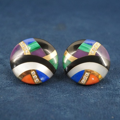 Rare Asch Grossbardt 14k Gold, Diamond & Multistone Inlay Earrings- Free Ship US