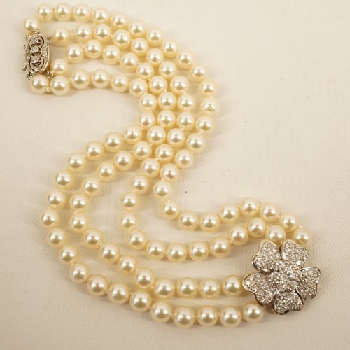 Two-Tone 18k Gold & Diamond Clasp & Pendant Two Strand 6mm Pearl Choker Necklace