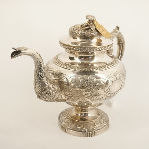Antique James Thomson Botanical Repousse Coin Silver Teapot 1830s - Free Ship US