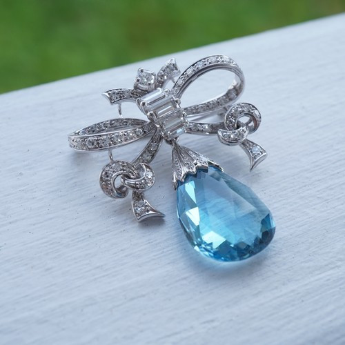 18k White Gold Diamond & Aquamarine Brooch/Pendant - Free Shipping USA