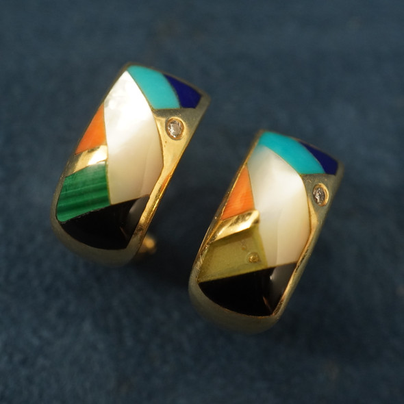 Asch Grossbardt 14k Gold, Diamond & Multistone Inlay Earrings- Free Ship US