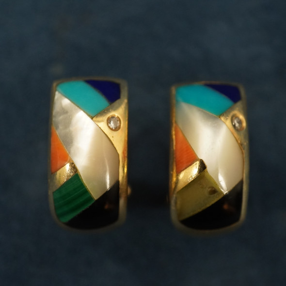 Asch Grossbardt 14k Gold, Diamond & Multistone Inlay Earrings- Free Ship US