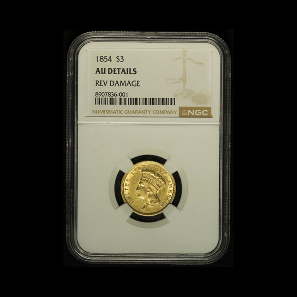 1854 $3 Indian Princess Gold NGC AU Details - Free Shipping USA