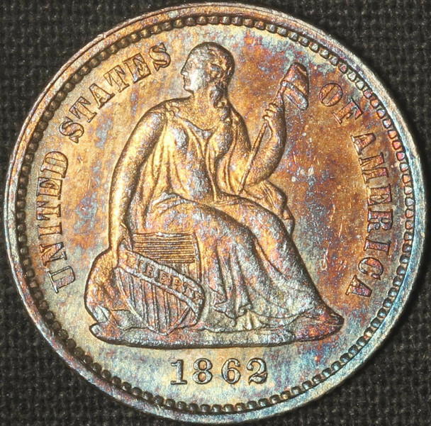 1862 H10c Seated Liberty Half Dime - Spectacular Color - Free Shipping USA