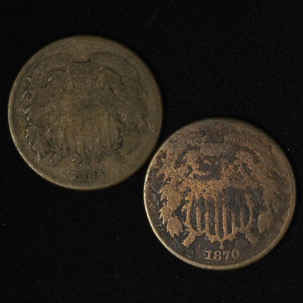 1865 & 1870 2c Two Cent Piece Pair - Free Shipping US