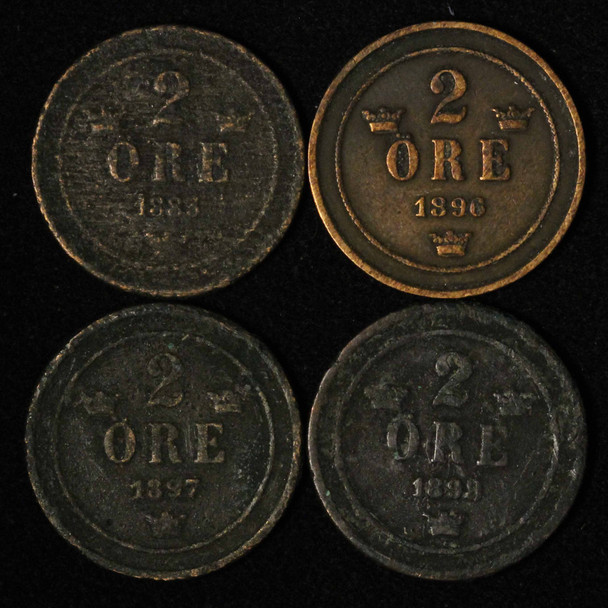 Lot of 4 Sweden 2 Ore - 1883,1896,1897,1898 - Free Shipping USA