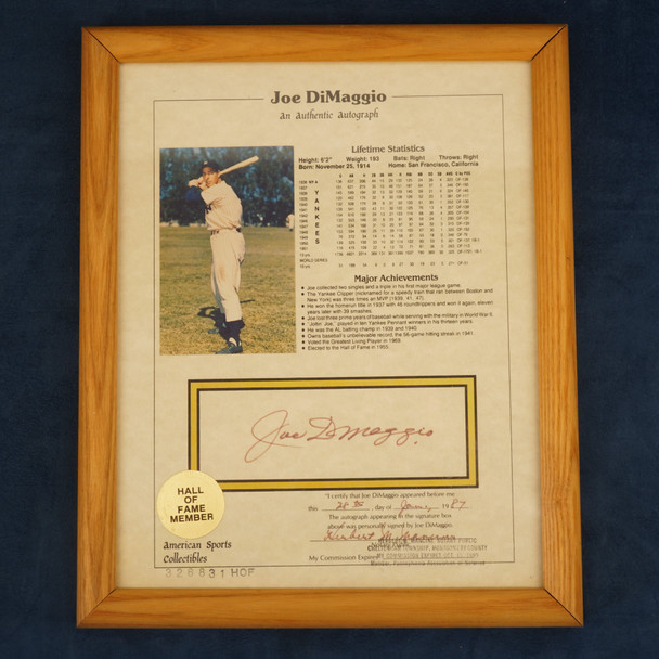 Joe DiMaggio HOF Photo & Stats Sheet Notarized & Certified - Free Shipping US