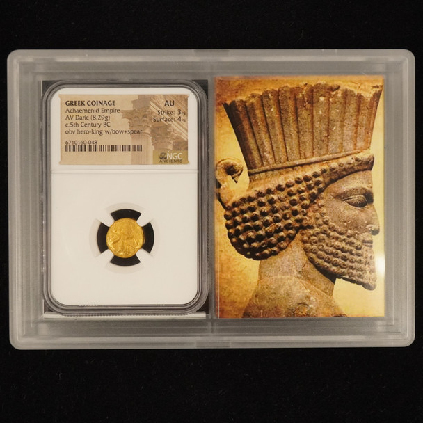 Achaemenid Empire AV Gold Daric, 5th Century BC Hero King, Bow+Spear NGC AU 3/4 Achaemenid Empire AV Gold Daric, 5th Century BC Hero King, Bow+Spear NGC AU 3/4