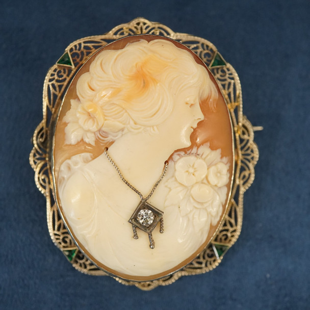 14k White Gold Filigree Diamond Carved Shell Cameo Pin Pendant- Free Shipping US