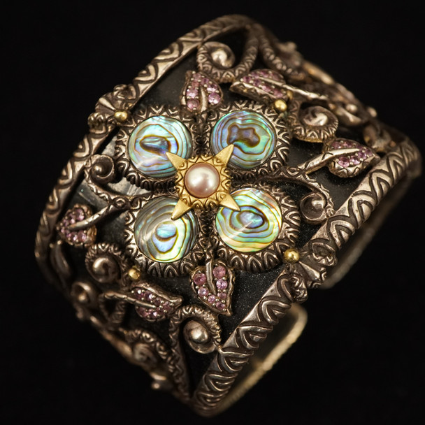 Barbara Bixby Sterling, 18k, Multi-Stone & Leather Castle Garden Cuff Bracelet