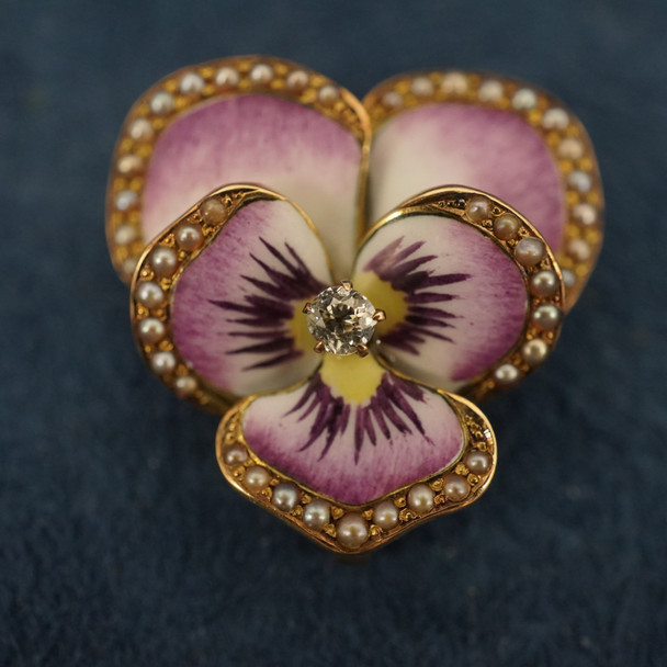 Crane & Theurer 14k Gold Diamond Seed Peal & Enamel Guilloche Pansy Pendant/Pin