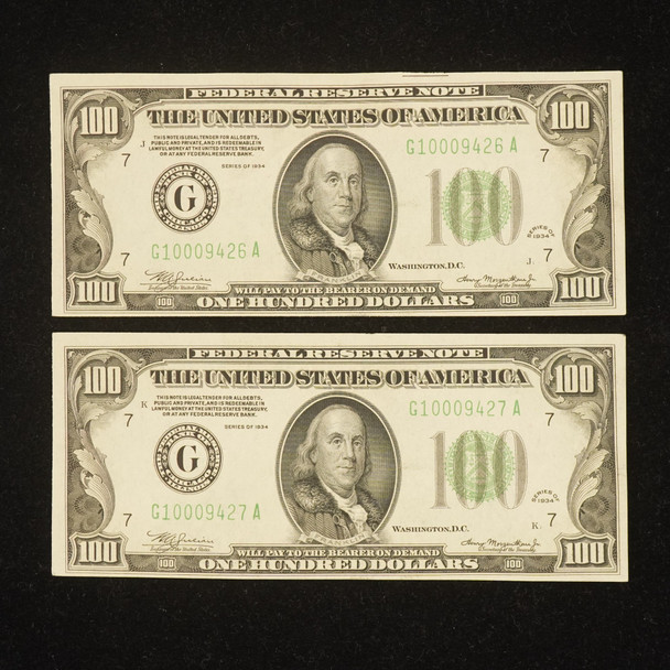 (2) Series 1934 Consecutive Chicago $100 Dollar Federal Reserve Bank Notes