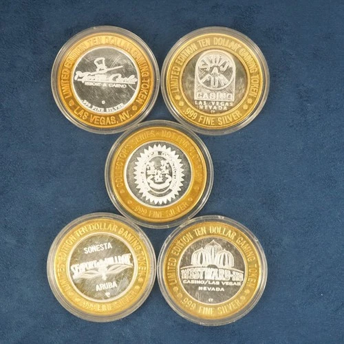 Lot of 5 Vintage $10 Fine Silver Casino Tokens - Free Shipping USA