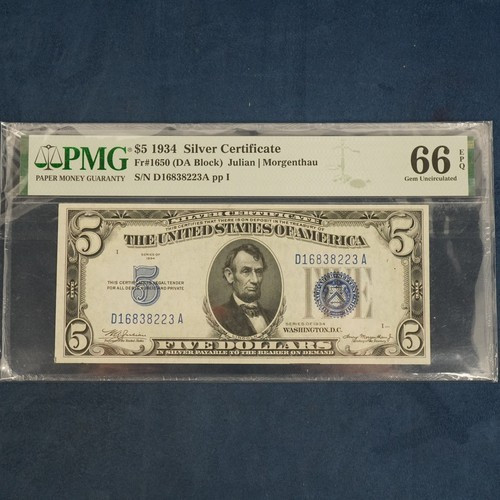 1934 Series $5 US Silver Certificate (Fr.1650) PMG 66EPQ - Free Shipping USA