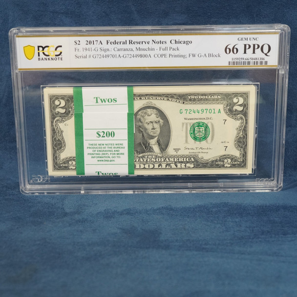 2017 A $2 Federal Reserve Notes Chicago Consecutive 100 Notes Set PCGS 66 PPQ