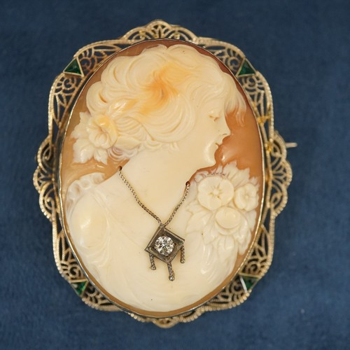 14k White Gold Filigree Diamond Carved Shell Cameo Pin Pendant- Free Shipping US