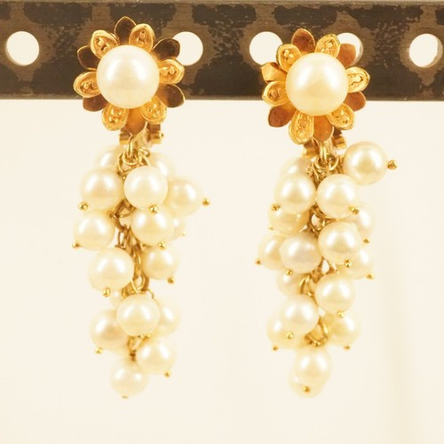 Vintage 18k Yellow Gold Pearl Cluster Cha Cha Earrings- Free Shipping USA