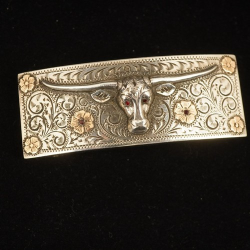 Vintage Sterling, 14k Rose Gold & Ruby Eyes Longhorn Belt Buckle - Free Ship US