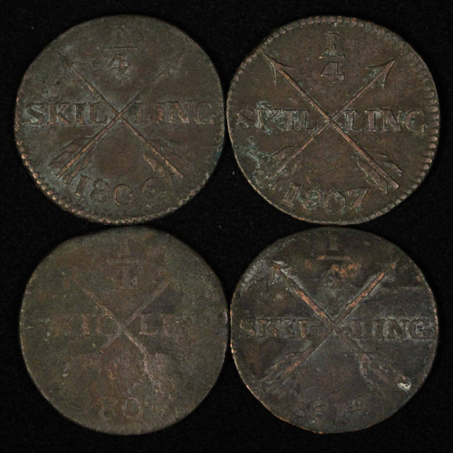 Sweden 1/4 Skilling Lot - 1806,1807,1808,1819 - Free Shipping USA