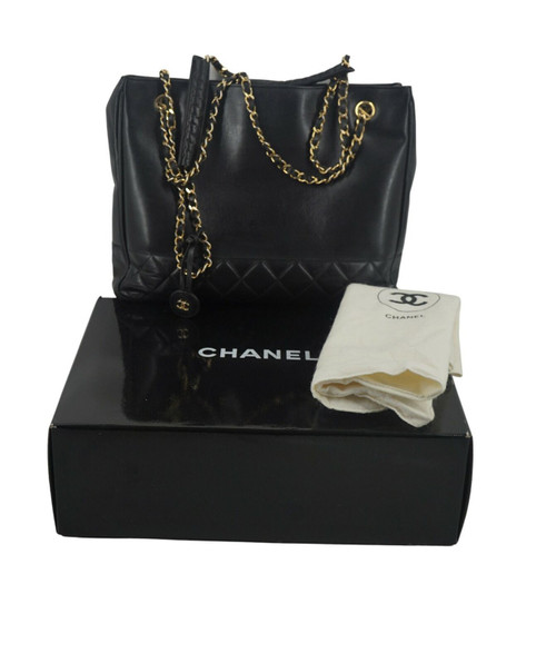 Lot - Vintage Chanel Black Quilted Bag w/ Chain Strap Box