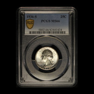 1936-S 25c Washington Silver Quarter PCGS MS 66 - Free Shipping USA