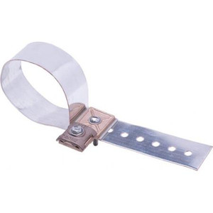 HARGER 2" wide copper strap with heavy duty bonding lug for use with all cables up to 4/0. Series of bolt holes makes strap adj. from 3"-6" O.D. pipe.