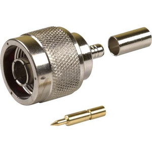 AMPHENOL style N male crimp connector for RG55, 142 and 223 cables. Nickel body, gold pin. .