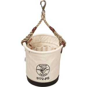 KLEIN heavy duty bucket. #4 canvas, molded bottom, rope handle, with swivel snap ring. 12" top dia, 9" bottom dia, 12" deep. Includes 15 inside pockets.