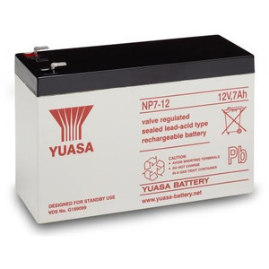 YUASA sealed lead acid battery. 12 Volt, 7 Ah. 5.95L x 2.56W x 3.84H. (F1) 3/16" "spade" fasteners for connecting cables. Flame retardant case.