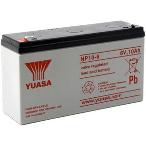 YUASA sealed lead acid battery. 6 Volt, 10 Ah. 5.95L x 1.97W x 3.84H. Tab fasteners for connecting cables. .