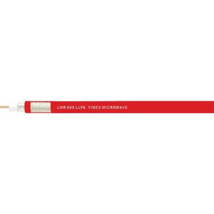 TIMES MICROWAVE LMR600 cable. .590" O.D. 50 ohms. Stranded outer cond., copper clad alum center conductor. 1.5" bend radius. CATV-P PLENUM RATED. RED.