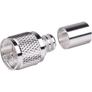 RF INDUSTRIES UHF male connector for RG9 and RG214 cables. Silver plated shell, silver plated body. Teflon insulation. Crimp pin and braid.