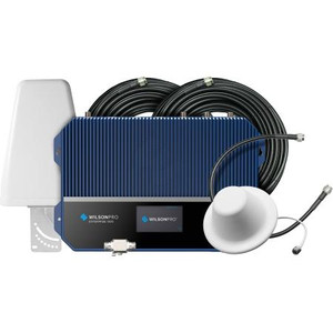 WILSONPRO Enterprise 1300 wall mount booster kit. Includes yagi donor, dome coverage antenna, lightning protection, cables. 110-240VAC power, 30W.