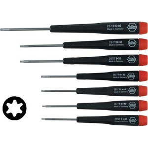 WIHA 7pc precision TORX(r) screwdriver set. Vanadium steel shaft, rotating cap. SET: T5, T6, T7, T8, T9, T10, T15 .