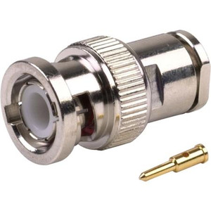 RF INDUSTRIES BNC male connector for RG58/U, RG58A/U, RG141 and Ultralink cable. Nickel plated body, gold pin. Solder center pin, clamp on braid.