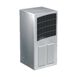 DDB 2000 BTU Pentair Sealed Enclosure Cooling Air Conditioner. 230 Volts 7 max amps. 131F max temperature. Light gray galvanized sheet metal.